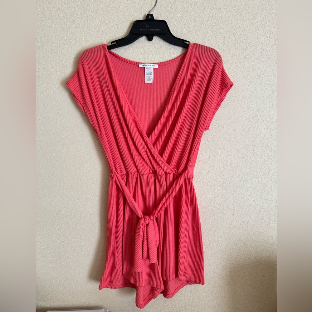 Ribbed Wrap Romper in Coral Pink